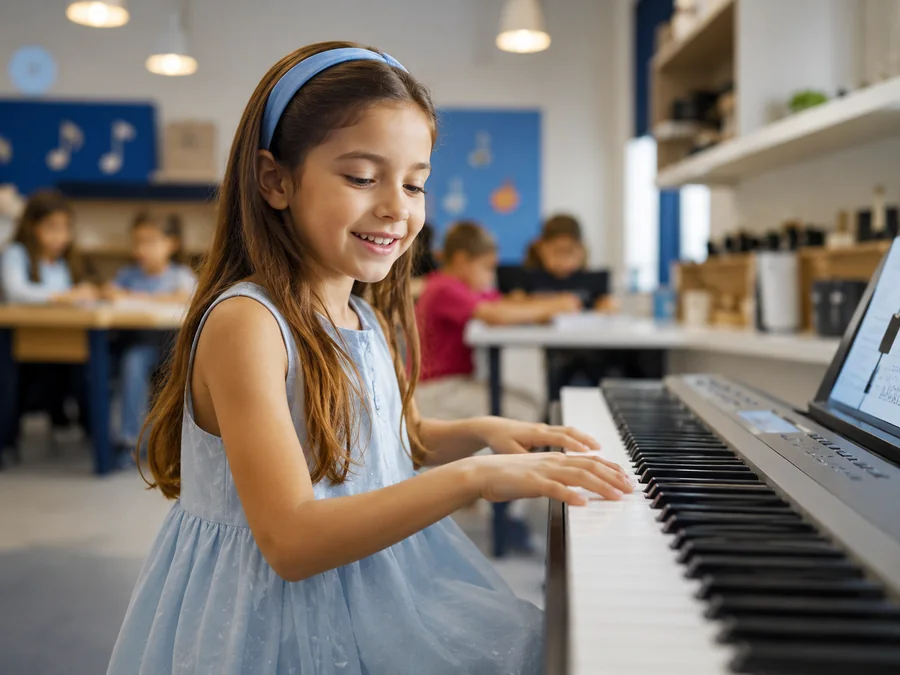 Criança participando de oficina de música