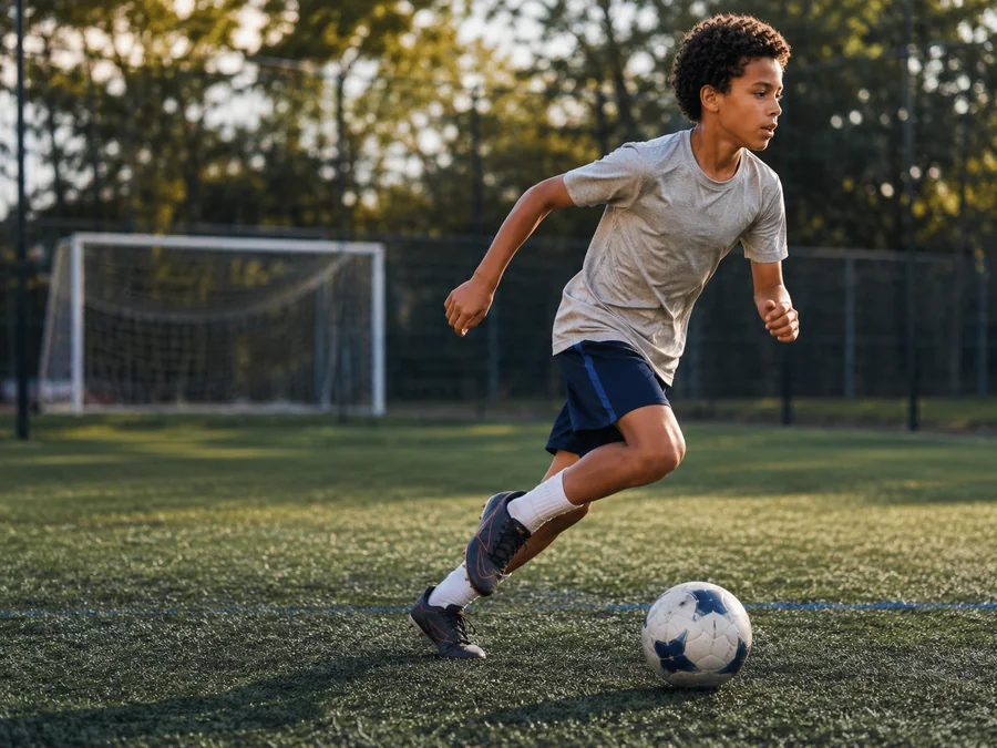 Criança praticando esporte em campo